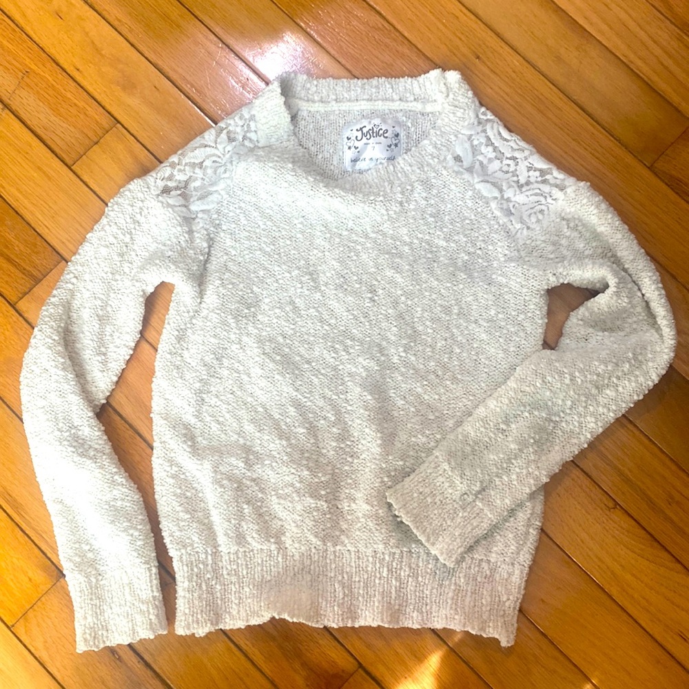 Justice cream sweater size 7 with lace insets on shoulders